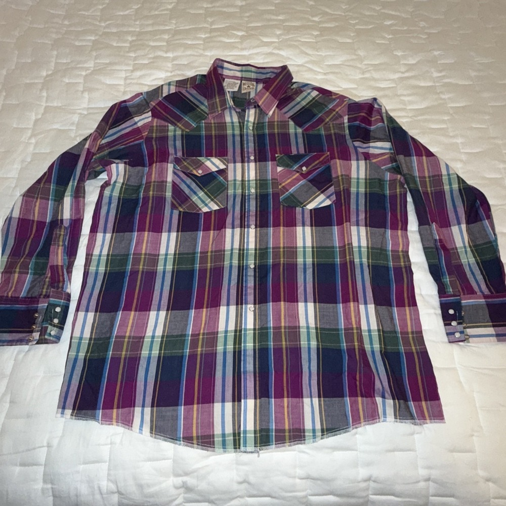 Vintage Western‎ Frontier Pearl Snap Shirt Short Sleeve Plaid Made USA Men's 2XL
